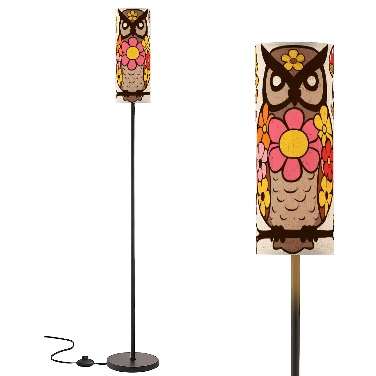 Mushroom Owl, Retro Mid Mod Flower Power 70s Home Decor Slim Floor Lamp - Mid Century Modern Gal