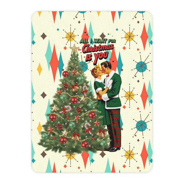 Mid Century Modern Christmas Franciscan Starburst Vintage Couple Cozy Holiday Blanket – 'All I Want for Christmas Is You'
