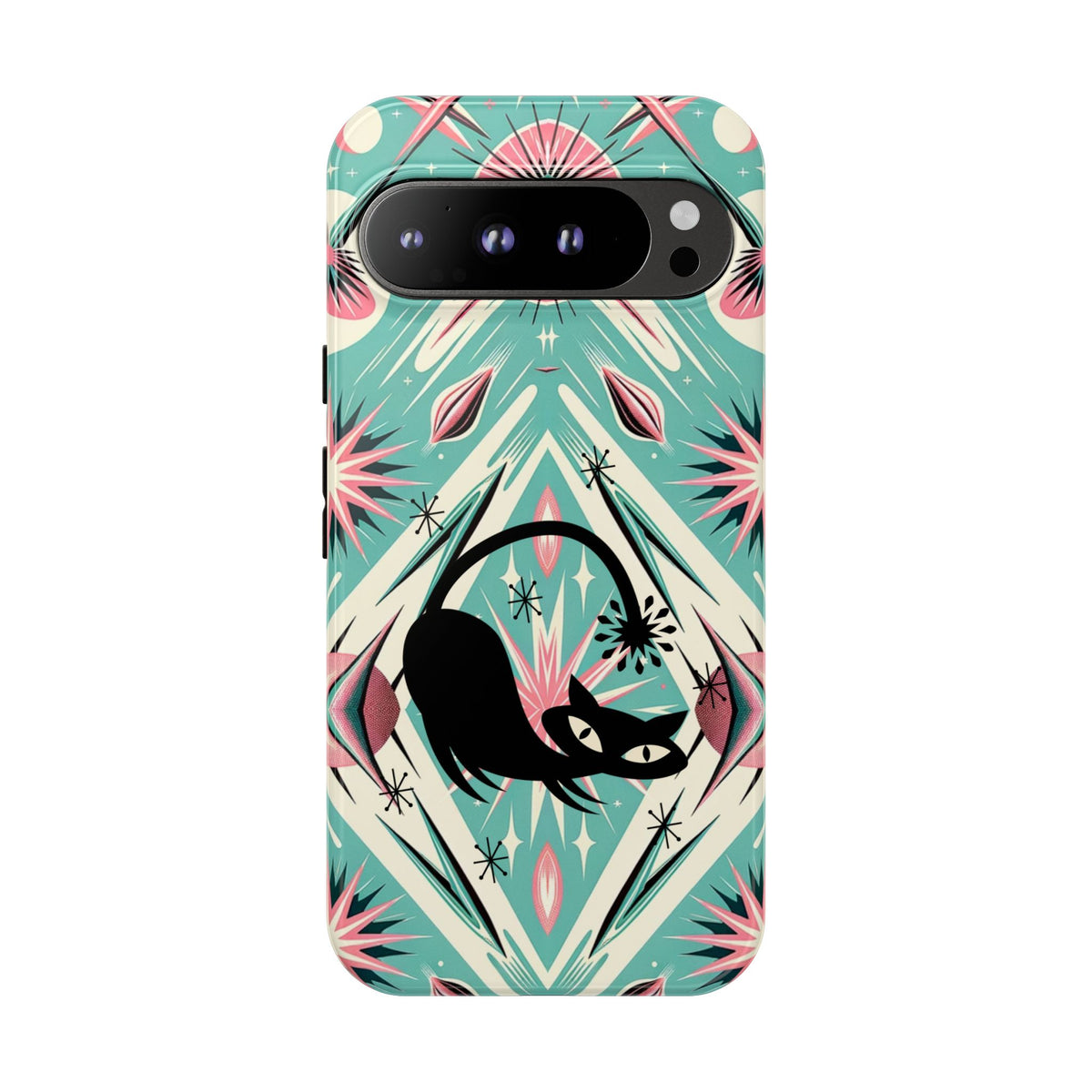 Atomic Cat, Mid Century Modern Aqua Blue, Pink, Starbursts Tough Phone Case