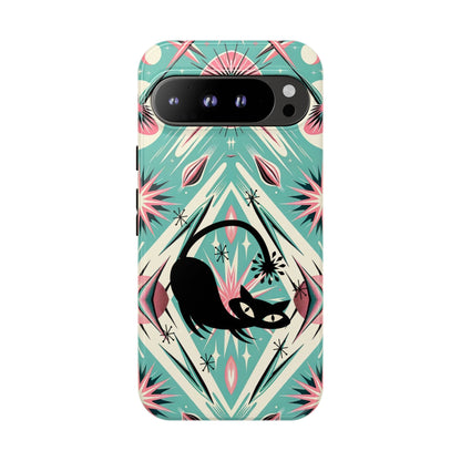 Atomic Cat, Mid Century Modern Aqua Blue, Pink, Starbursts Tough Phone Case
