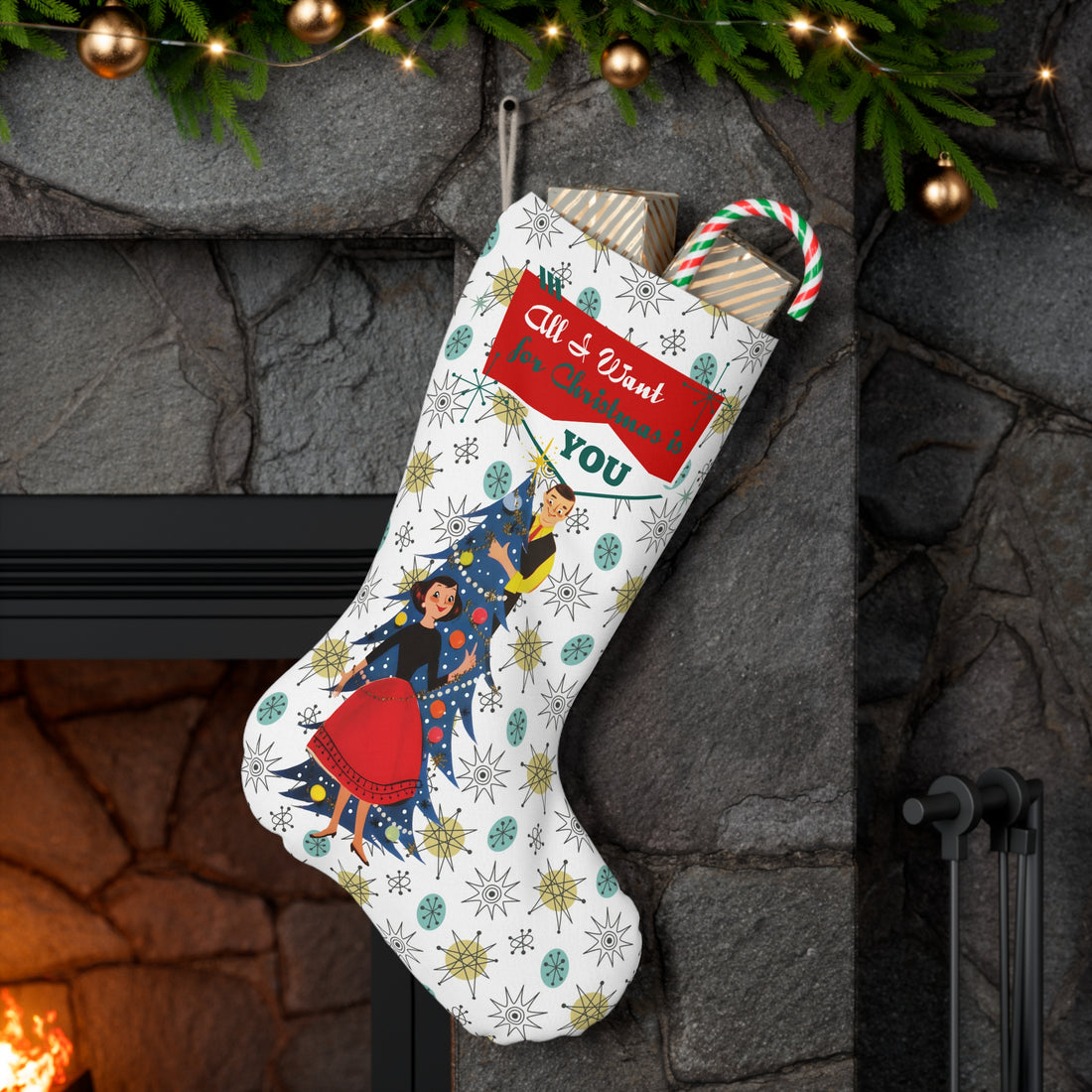 Retro Vintage 50s Holiday Kitschy Christmas Stocking