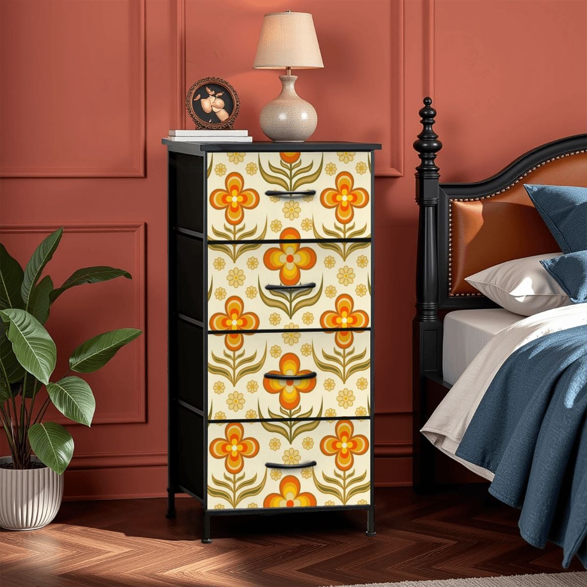 70s Retro Groovy Flower Power Floral Orange Yellow Green 4-Drawer Dresser - Mid Century Modern Gal