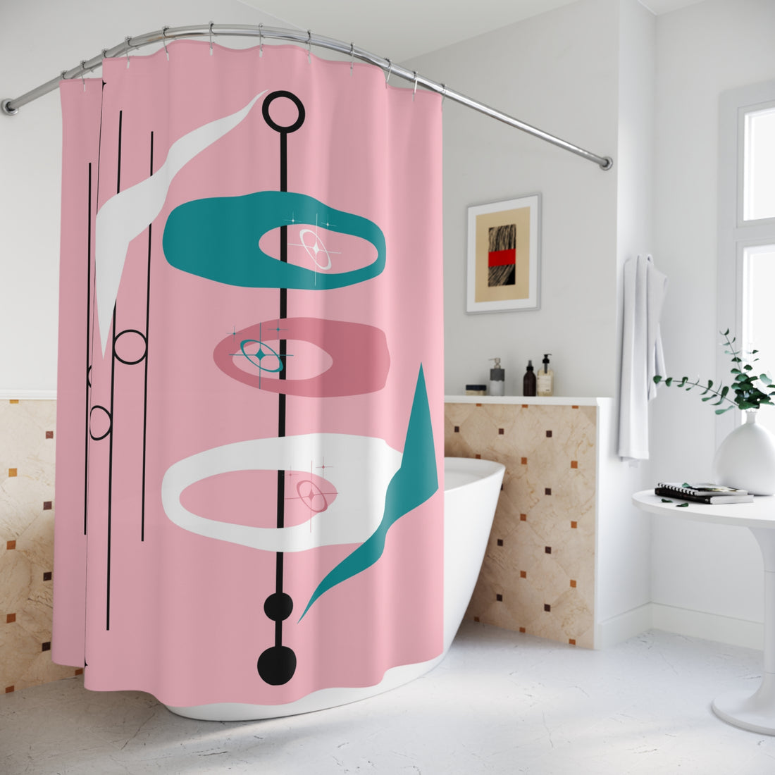 Mid-Century Modern Atomic Pink, Teal, White Retro Shower Curtain - Retro Pink &amp; Teal Design - Mid Century Modern Gal