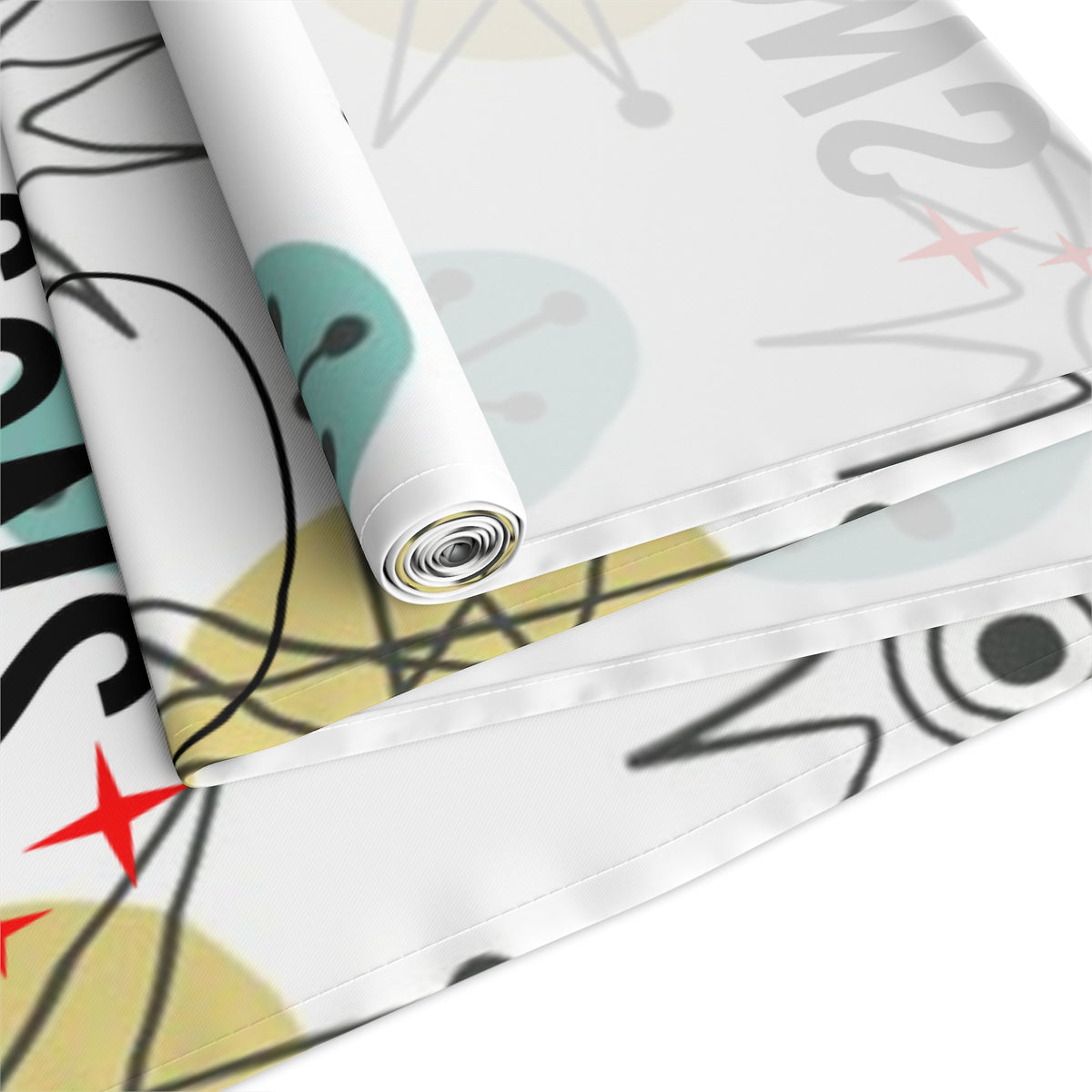 Mid Century Modern Franciscan Starburst, Kitschy 50s Atomic Cat Season Greetings Holiday Table Runner - Mid Century Modern Gal