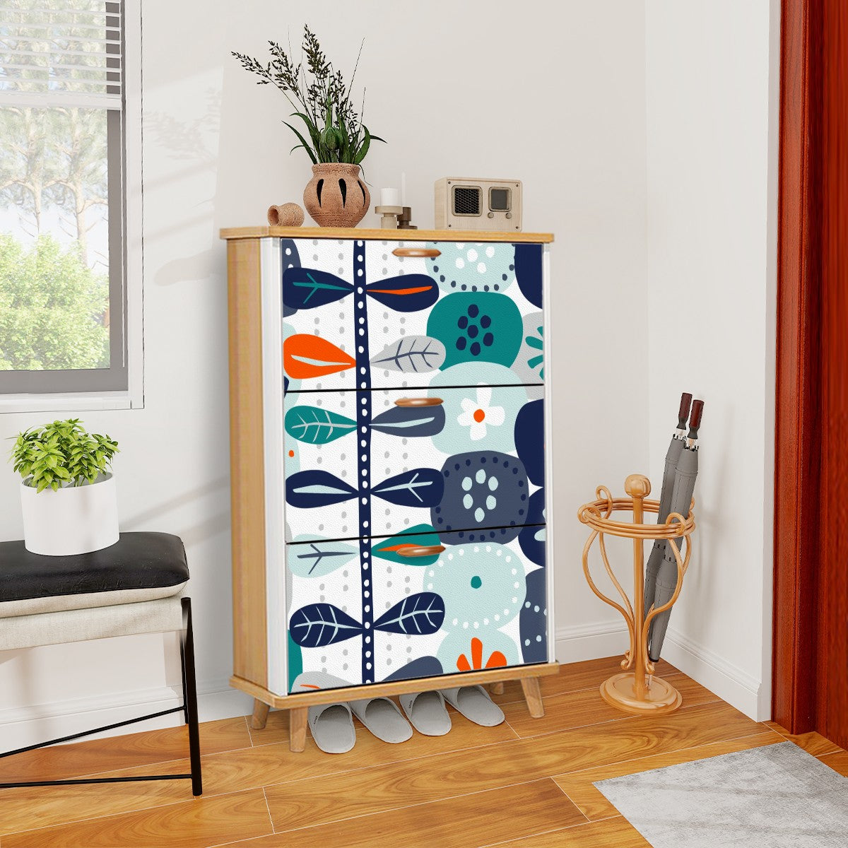 Scandinavian Blue Orange White, Teal Modern Danish Floral Shoe Cabinet - Mid Century Modern Gal