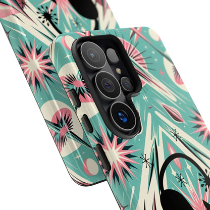 Atomic Cat, Mid Century Modern Aqua Blue, Pink, Starbursts Tough Phone Case