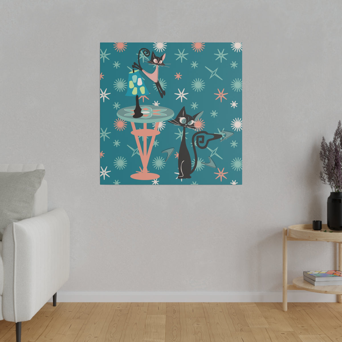 Crazy Atomic Cats, Cat Mom, Kitschy Mid Century Modern Teal Blue, Coral Pink, Mid Century Modern Wall Art - Mid Century Modern Gal