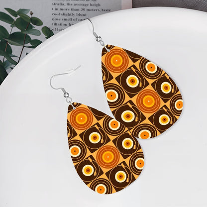 Groovy Retro Record Players, Brown Orange Yellow Vegan Leather Teardrop Earrings - Mid Century Modern Gal