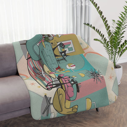Atomic Cats, Lounging Cozy Cat Mid Century Modern Kitschy Mod Blanket - Mid Century Modern Gal