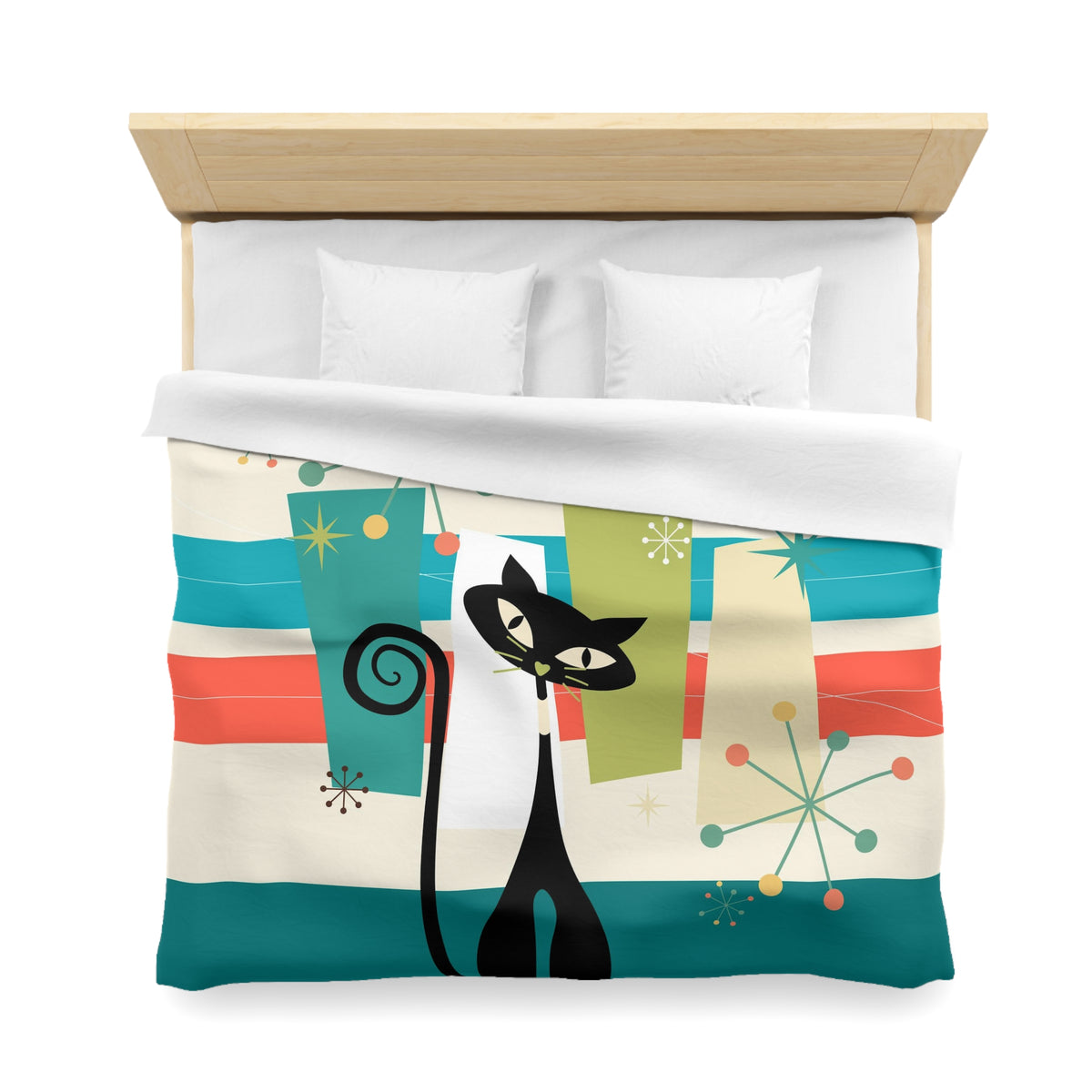 Mid Cenury Modern Atomic Cat, MCM Bedding, Starbursts,Teal, Orange,  KItschy Quirky Fun Duver Cover - Mid Century Modern Gal