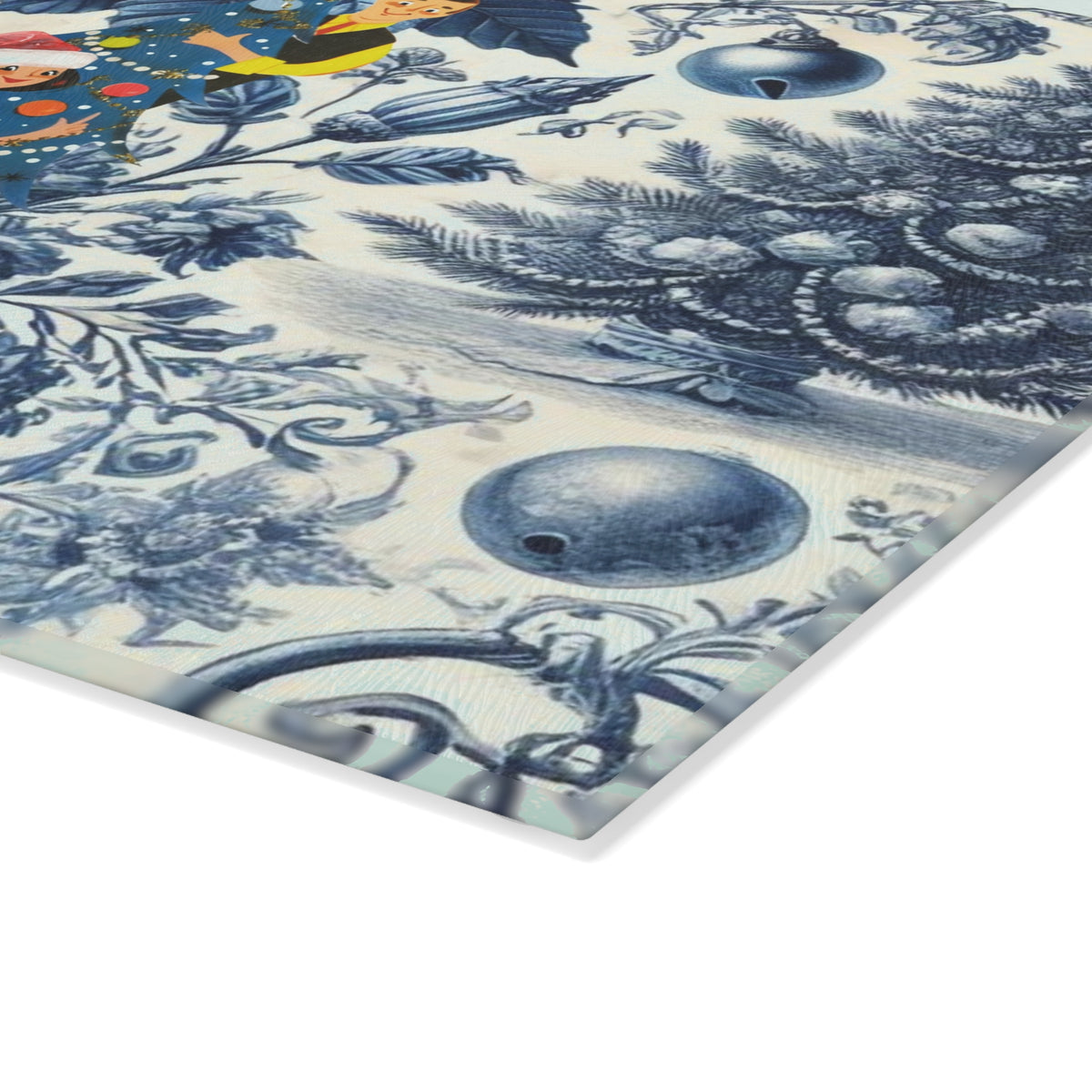Christmas Toile, Blue White Kitschy Mod 50s Style Holiday Cheese Glass Cutting Board - Mid Century Modern Gal