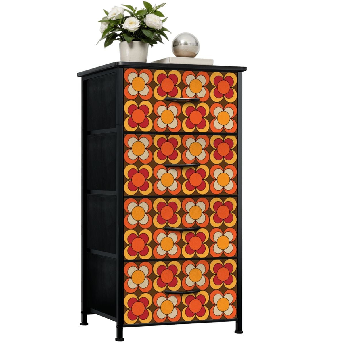 Groovy MCM Orange, Brown Yellow Burnt Red Retro Floral 70s Mid Mod 4-Drawer Dresser