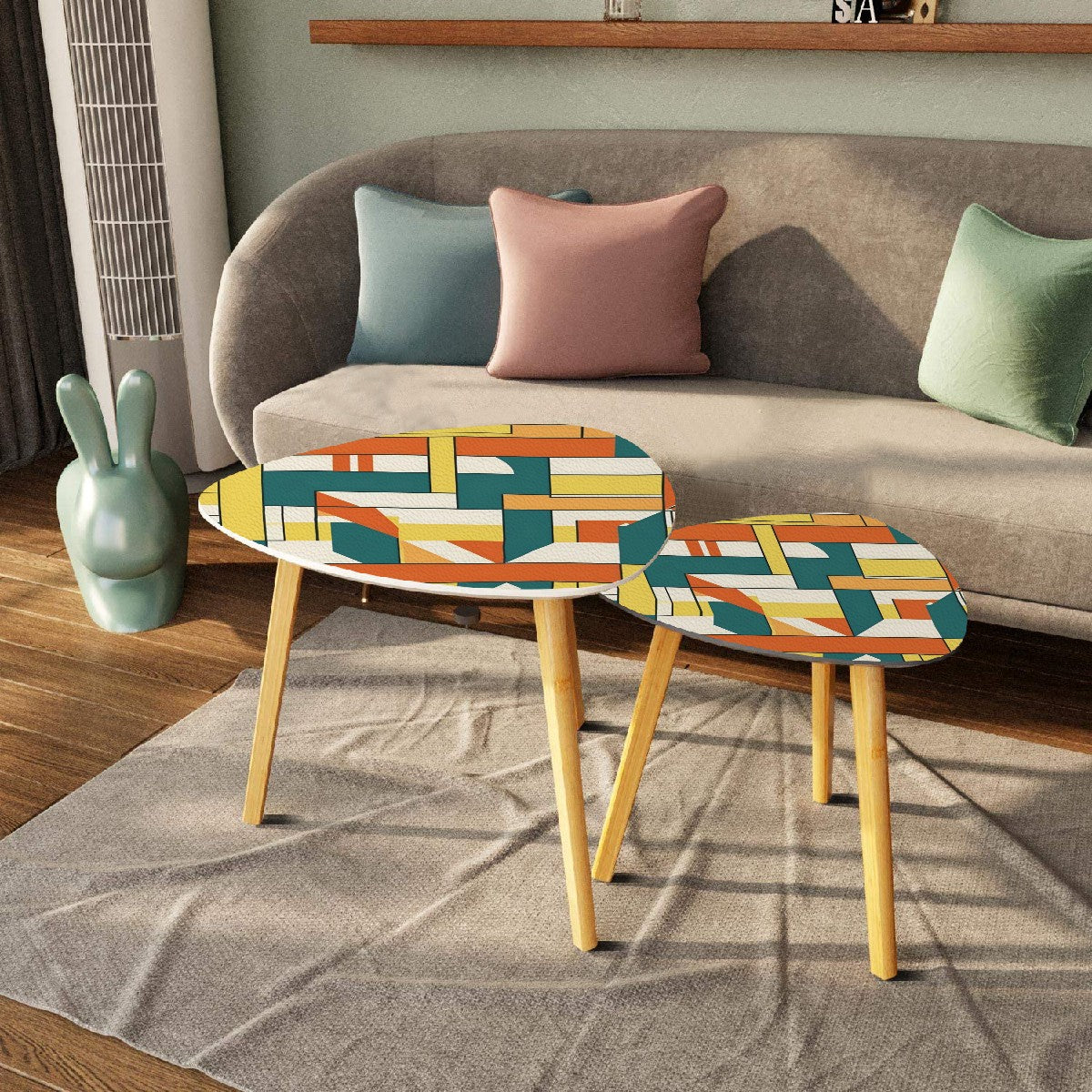 Mid Century Modern Orange Teal Yellow Bauhaus Geometric Designed Nesting Tables - Mid Century Modern Gal