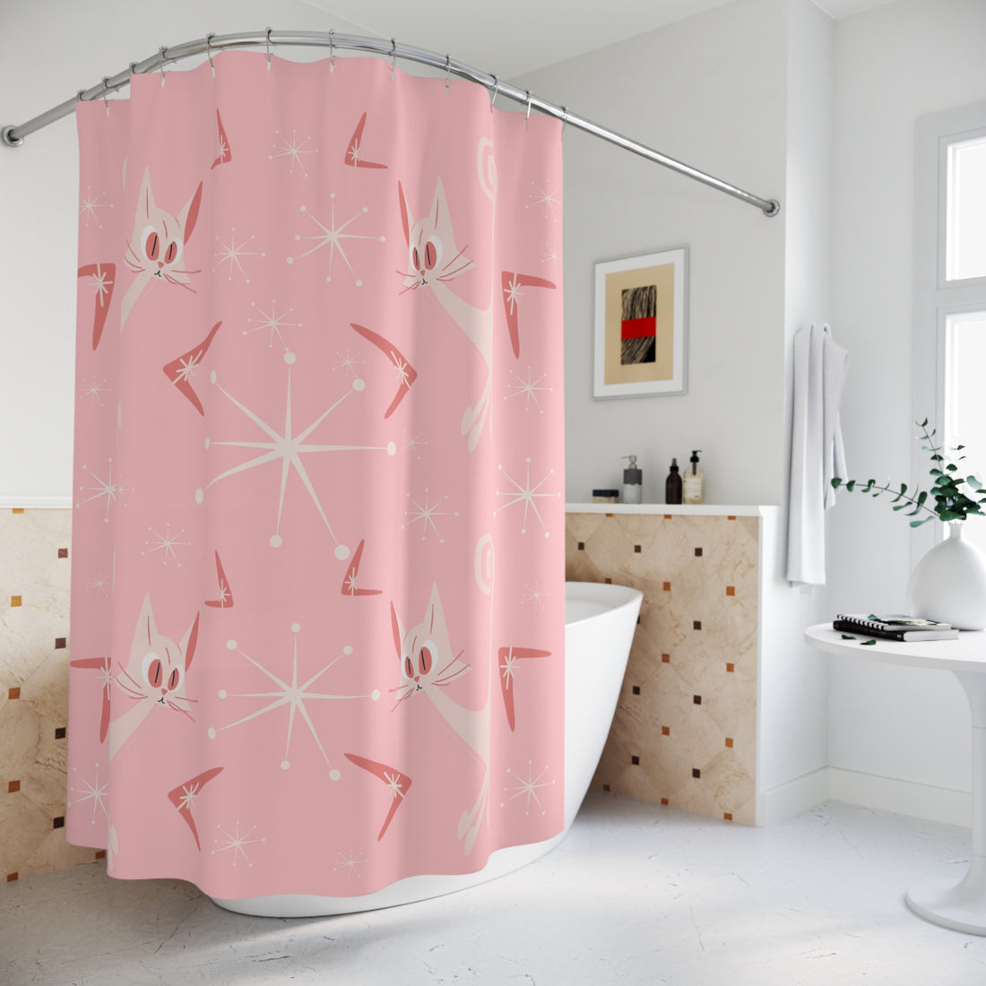 Pink Mid Century Modern Atomic Kittie, Boomerange, Retro MCM Shower Curtain - Mid Century Modern Gal