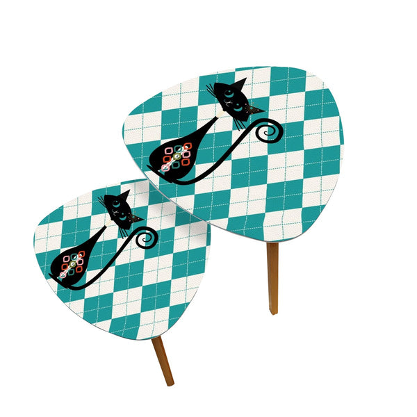 Atomic Cat Retro Mid Mod Nesting Tables, Argyle Teal Diamond MCM Home Decor