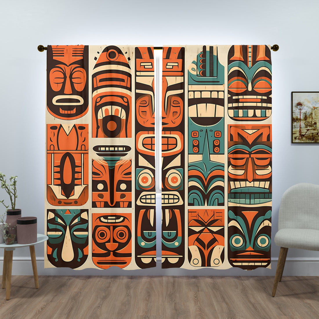 Tiki Idol Mid Mod Retro Orange, Teal Beige Window Curtains (two panels)