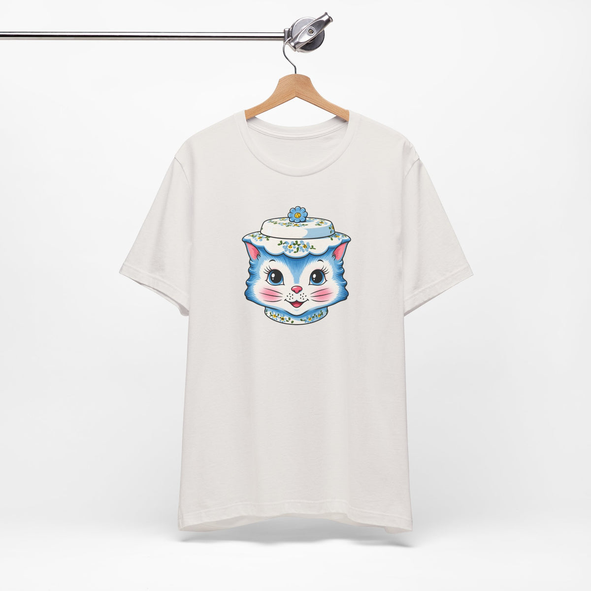 Mid Century Modern Kitschy Anthropomorphic Blue Cat with Floral Hat Unisex T-Shirt