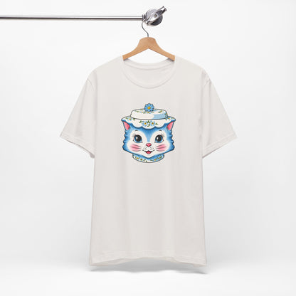 Mid Century Modern Kitschy Anthropomorphic Blue Cat with Floral Hat Unisex T-Shirt