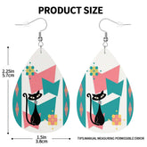 Atomic Kitschy Cat, Pink Teal Retro Vegan Leather Teardrop Earrings - Mid Century Modern Gal