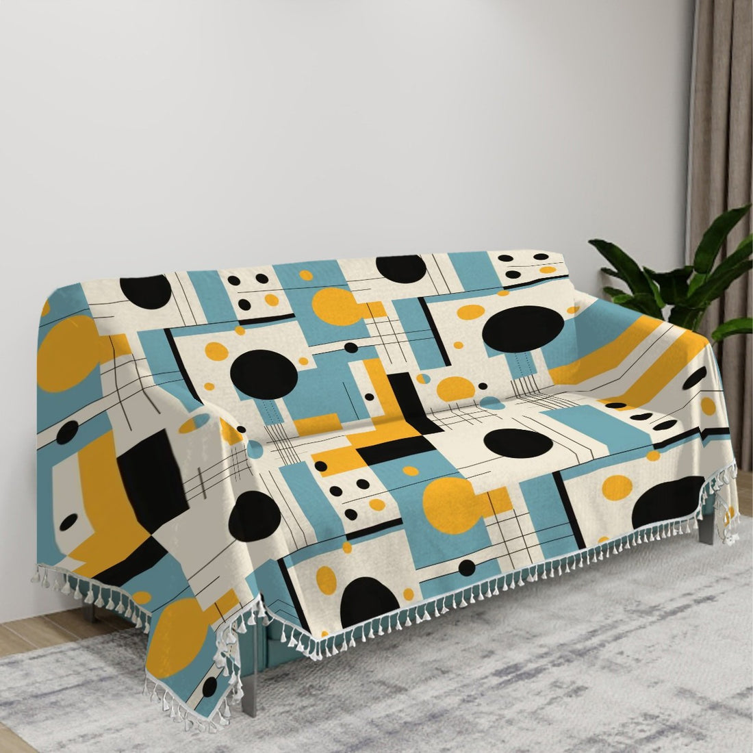 Mid Century Modern Bauhaus Designed, Blue, Yellow Black Geometric Couch Cover - Mid Century Modern Gal