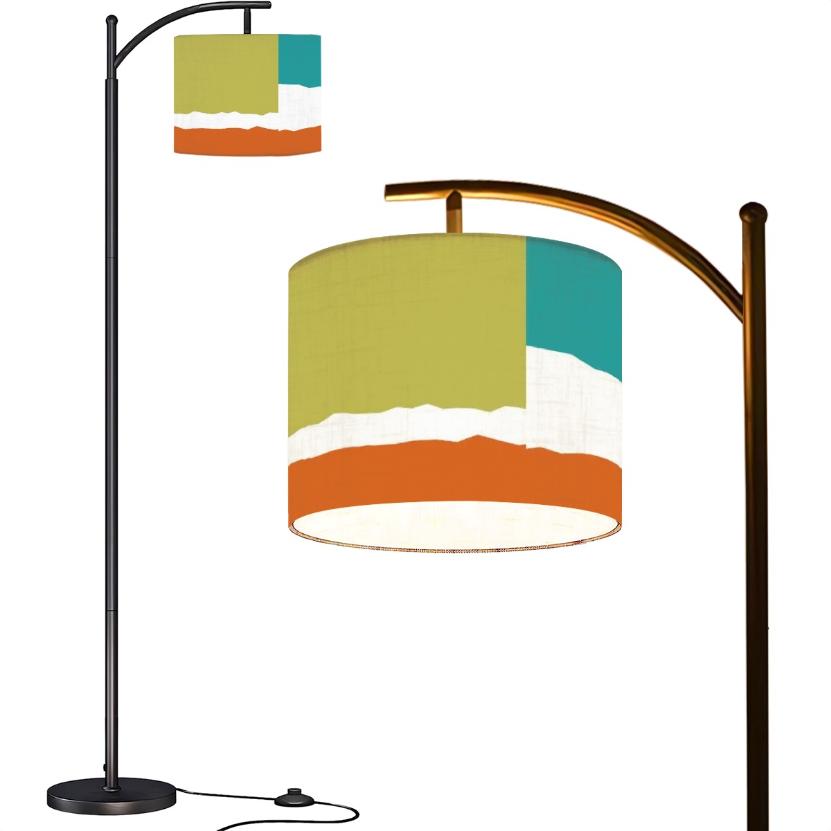 Mid Century Modern Patchwork Green, Teal, Orange MCM Arc Floor Lamp - Mid Century Modern Gal