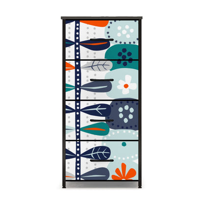 Scandinavian Blue Orange White Teal Modern Danish Floral 4-Drawer Dresser - Mid Century Modern Gal
