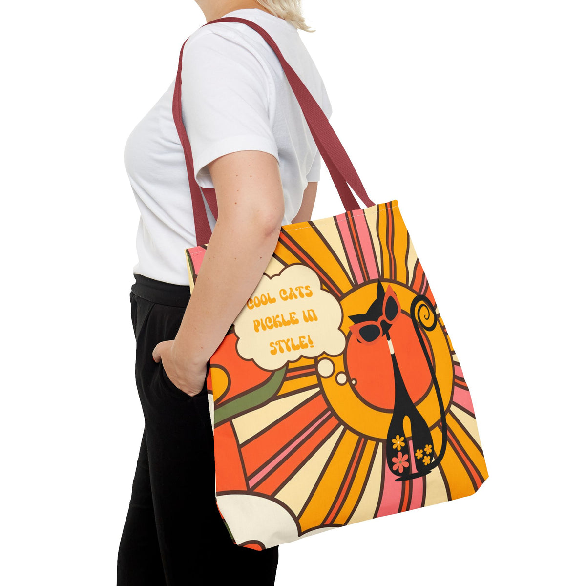 Pickleball Player Lover Tote Bag, Retro Groovy Mod Cat - Mid Century Modern Gal