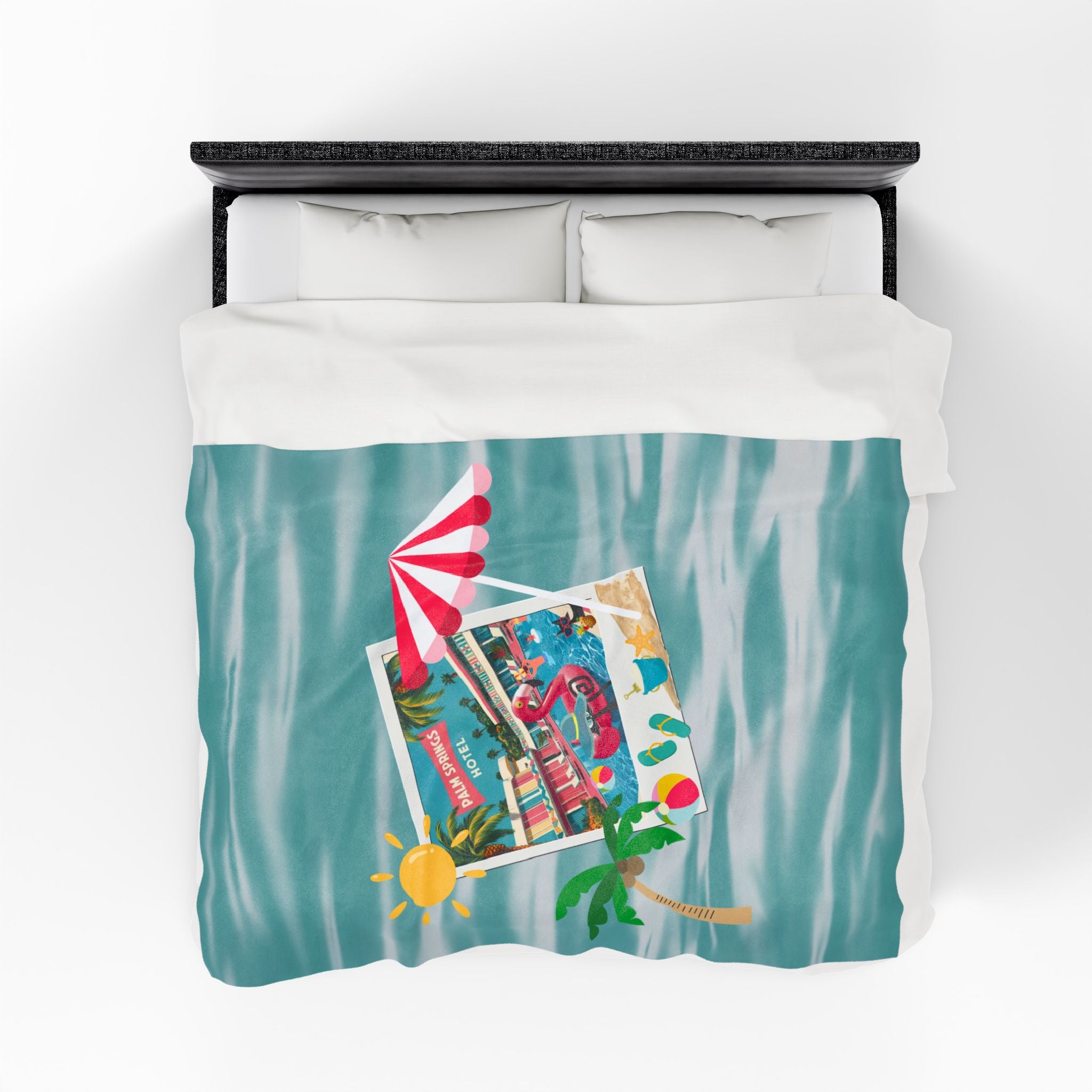 Palm Springs Hotel Retro Mod Flamingo And Atomic Cats, Tropical Getaway Velveteen Plush Blanket - Perfect for Beach Days and Cozy Nights - Mid Century Modern Gal