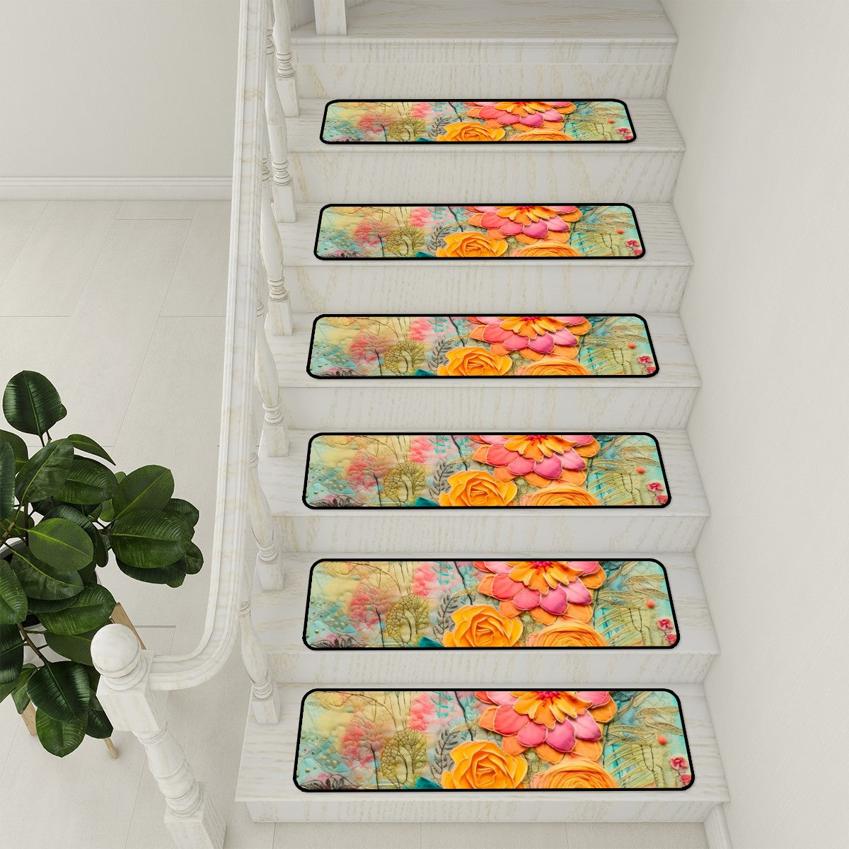 Modern Bohemian Flower Faux Pressed Flowers Non Slip Carpet for Stairs Treads