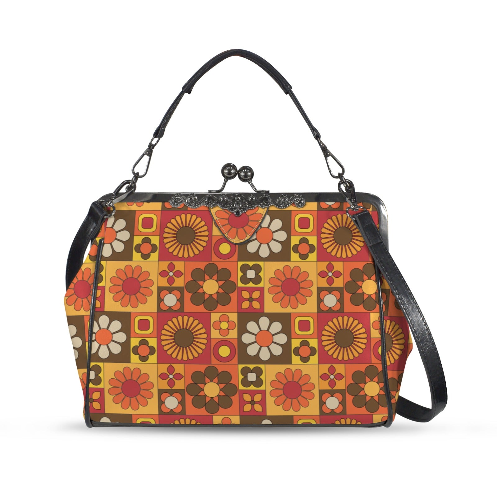 Retro 70s Mod Floral Orange Brown Yellow Mid Mod Hip Kisslock Crossbody Purse - Mid Century Modern Gal