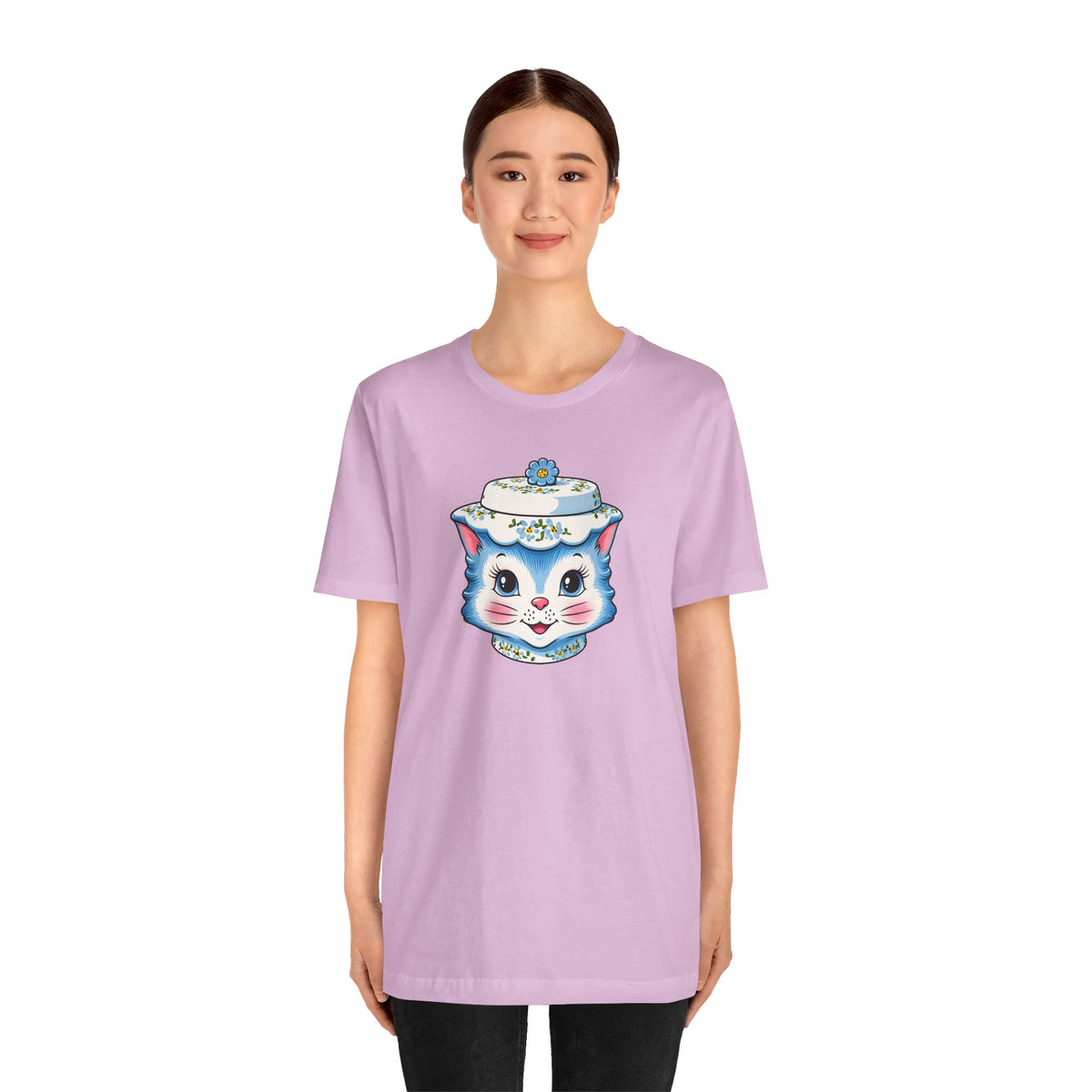 Mid Century Modern Kitschy Anthropomorphic Blue Cat with Floral Hat Unisex T-Shirt