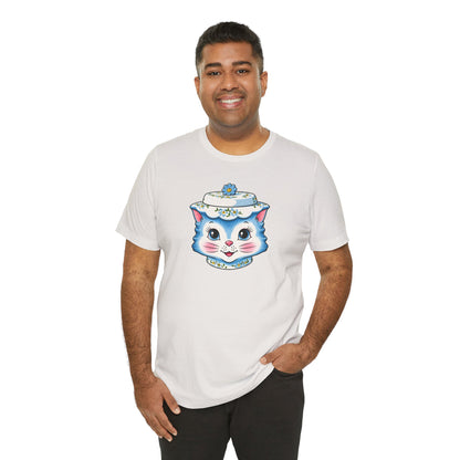 Mid Century Modern Kitschy Anthropomorphic Blue Cat with Floral Hat Unisex T-Shirt