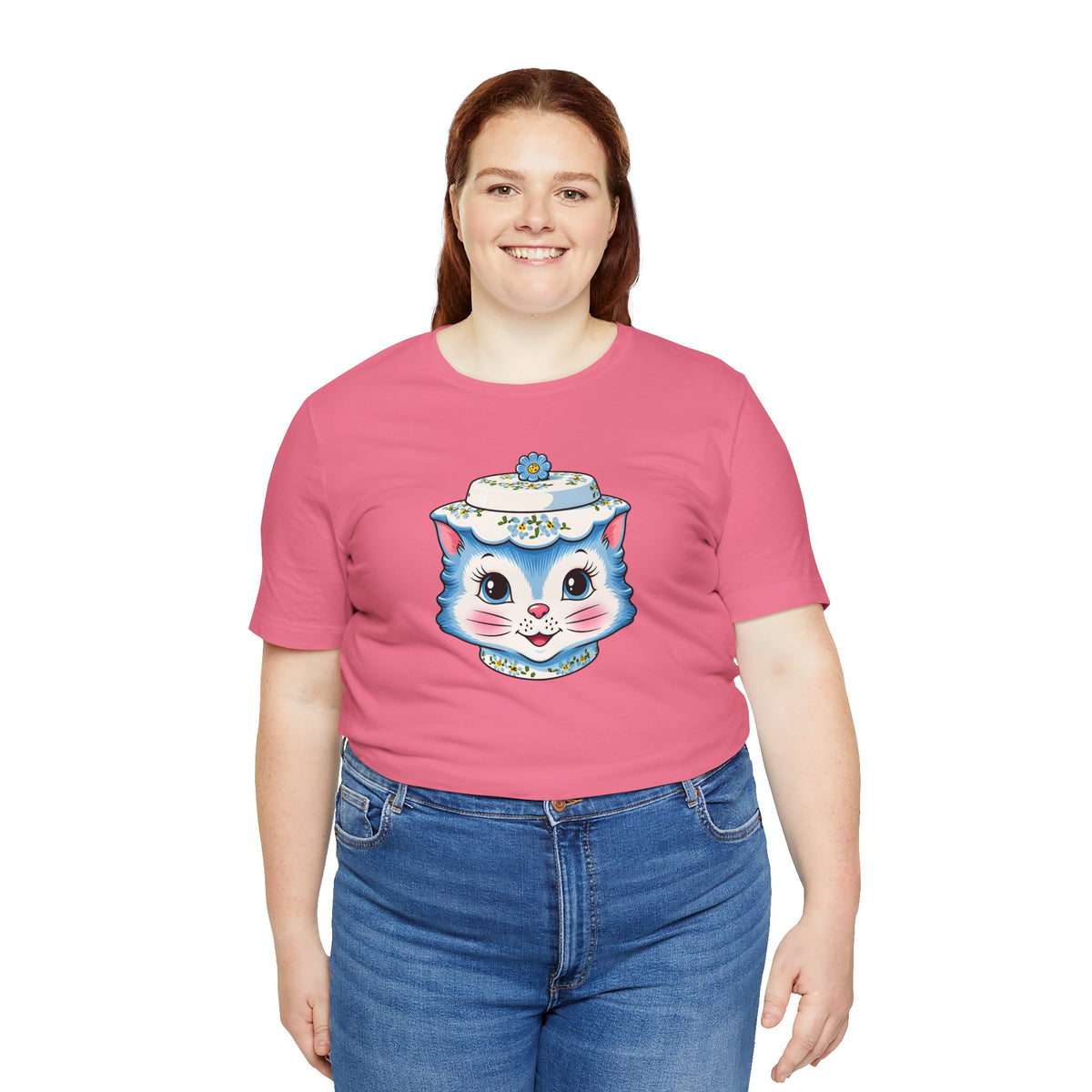 Mid Century Modern Kitschy Anthropomorphic Blue Cat with Floral Hat Unisex T-Shirt