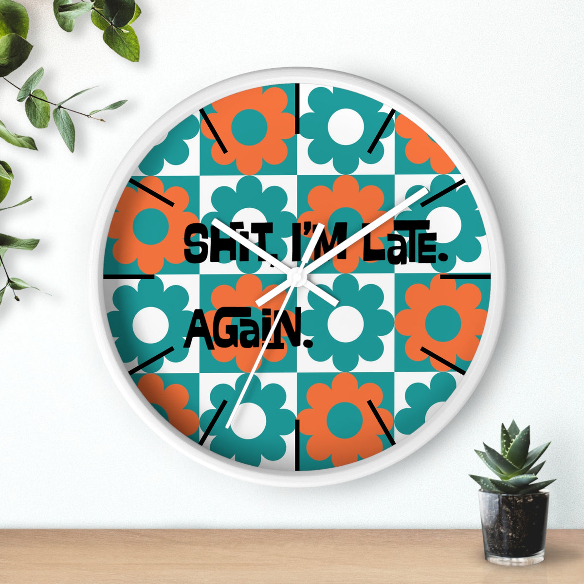 Retro Flower Clock, Funny I'm Late, Flower Power 70s Style Round Wall Clock - Mid Century Modern Gal