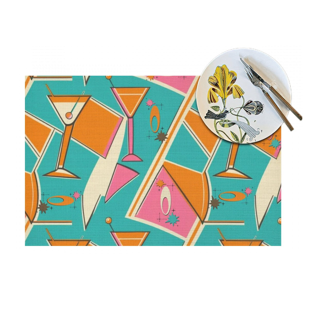 Mid Century Modern Cocktail Bar Placemats, Kitschy Orange, Pink Aqua MCM Tableware - Mid Century Modern Gal