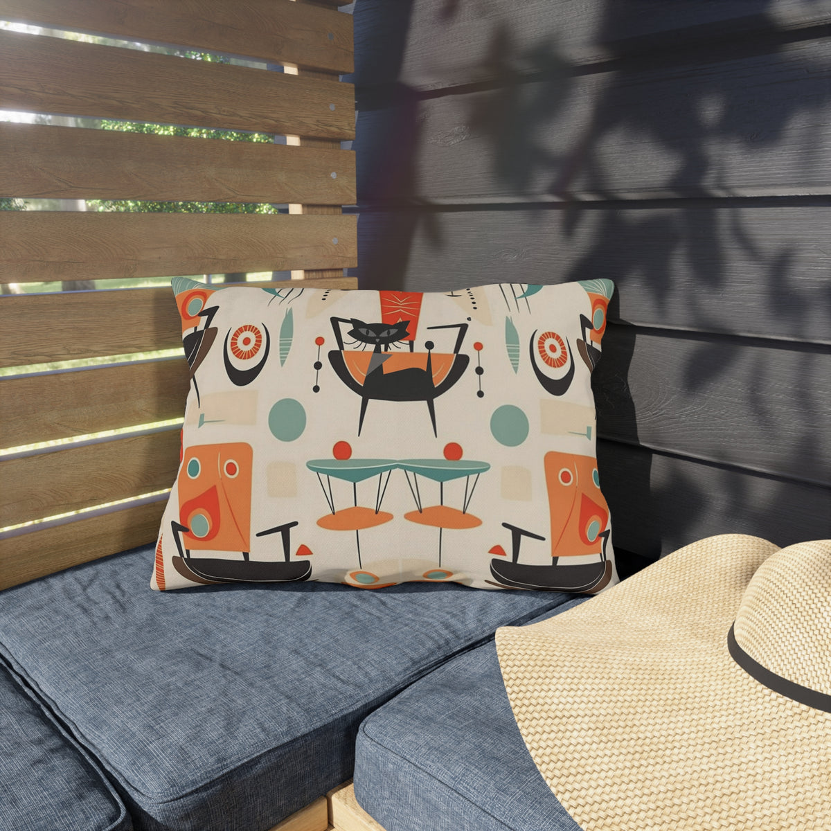 Mid Century Modern Atomic Cat, Mid Mod Party Outdoor Pillows - Mid Century Modern Gal
