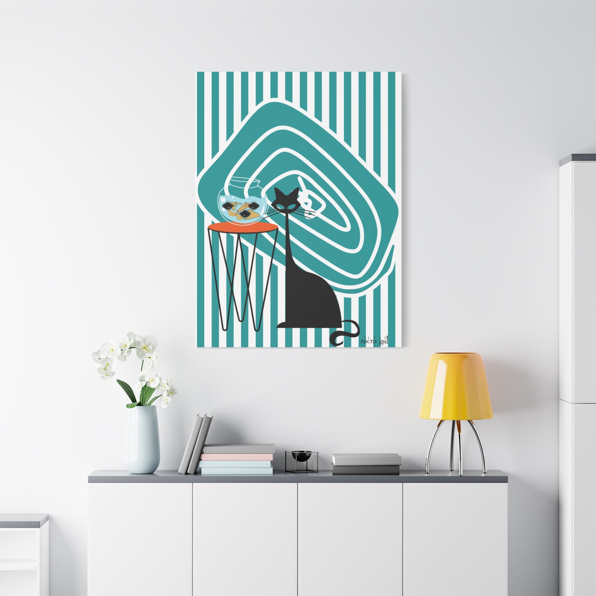 Atomic Fish Art, Mid Century Modern Striped, Teal Kitschy Cat Art - Mid Century Modern Gal