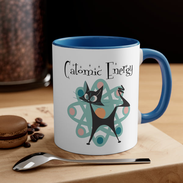 Atomic Cat Coffee Mug, Funny, Quirky Mid Century Modern Atom, Space Age Catomic Energy Coffee Lover Coffee Mug Gift