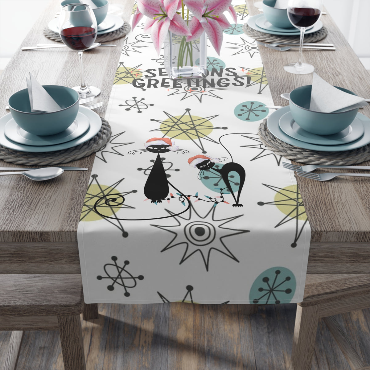 Mid Century Modern Franciscan Starburst, Kitschy 50s Atomic Cat Season Greetings Holiday Table Runner - Mid Century Modern Gal