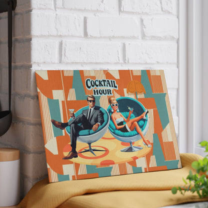 Mid Century Modern Barware Tabletop Glass Cutting Board With Mod 60s Couple,Retro Cocktail Hour - Mid Century Modern Gal
