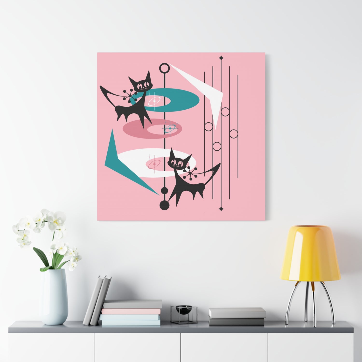 Atomic Cat Pink Abstract Minimalist Mid Century Modern Wall Canvas Art - Modern Geometric Wall Decor