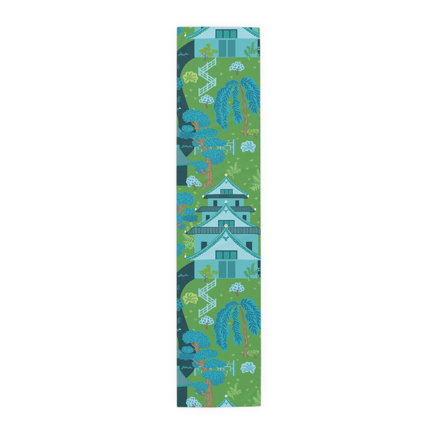 Chinoiserie Pagoda Blue, Green Tranquil Asian Inspired Table Setting Runner