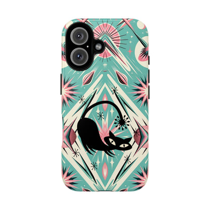Atomic Cat, Mid Century Modern Aqua Blue, Pink, Starbursts Tough Phone Case