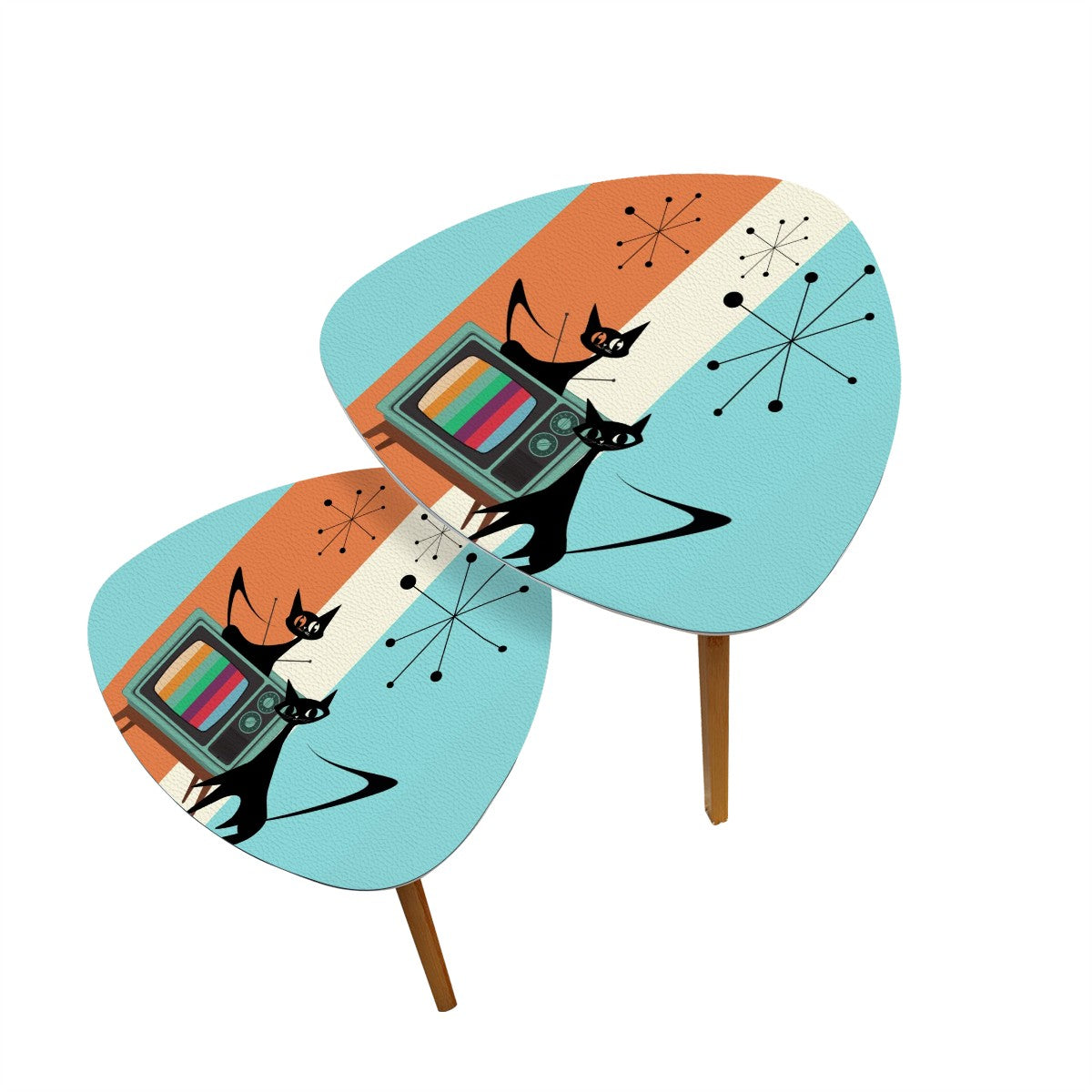 Atomic Kitschy Cats, Mid Century Modern Nesting Tables, Aqua Orange, Retro Side Tables - Mid Century Modern Gal