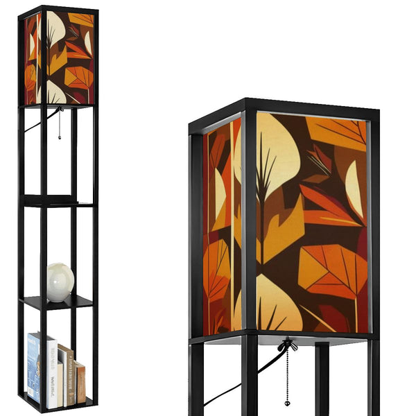 Modern Scandinavian Floral Harvest Blend Golden Yellow, Orange Mid Mod Floor Lamp with Shelves