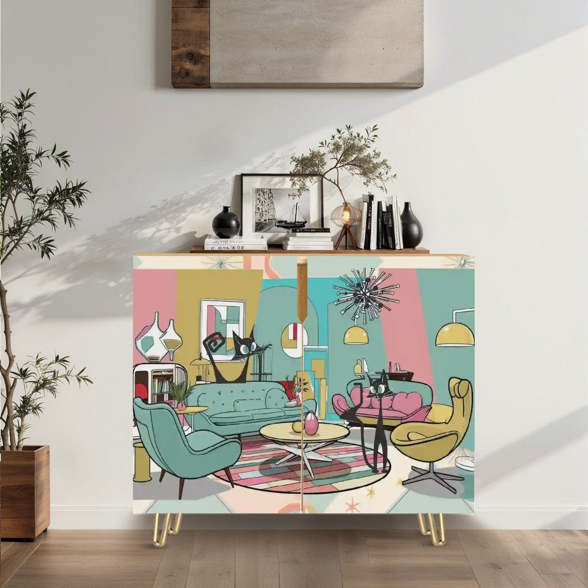 Mid Century Modern Kitschy Atomic Cats, Mod Livingroom, Credenza, TV MCM Barware Wooden Storage Cabinet - Mid Century Modern Gal