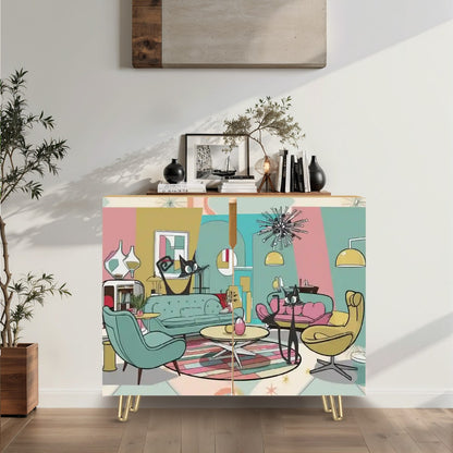 Mid Century Modern Kitschy Atomic Cats, Mod Livingroom, Credenza, TV MCM Barware Wooden Storage Cabinet - Mid Century Modern Gal
