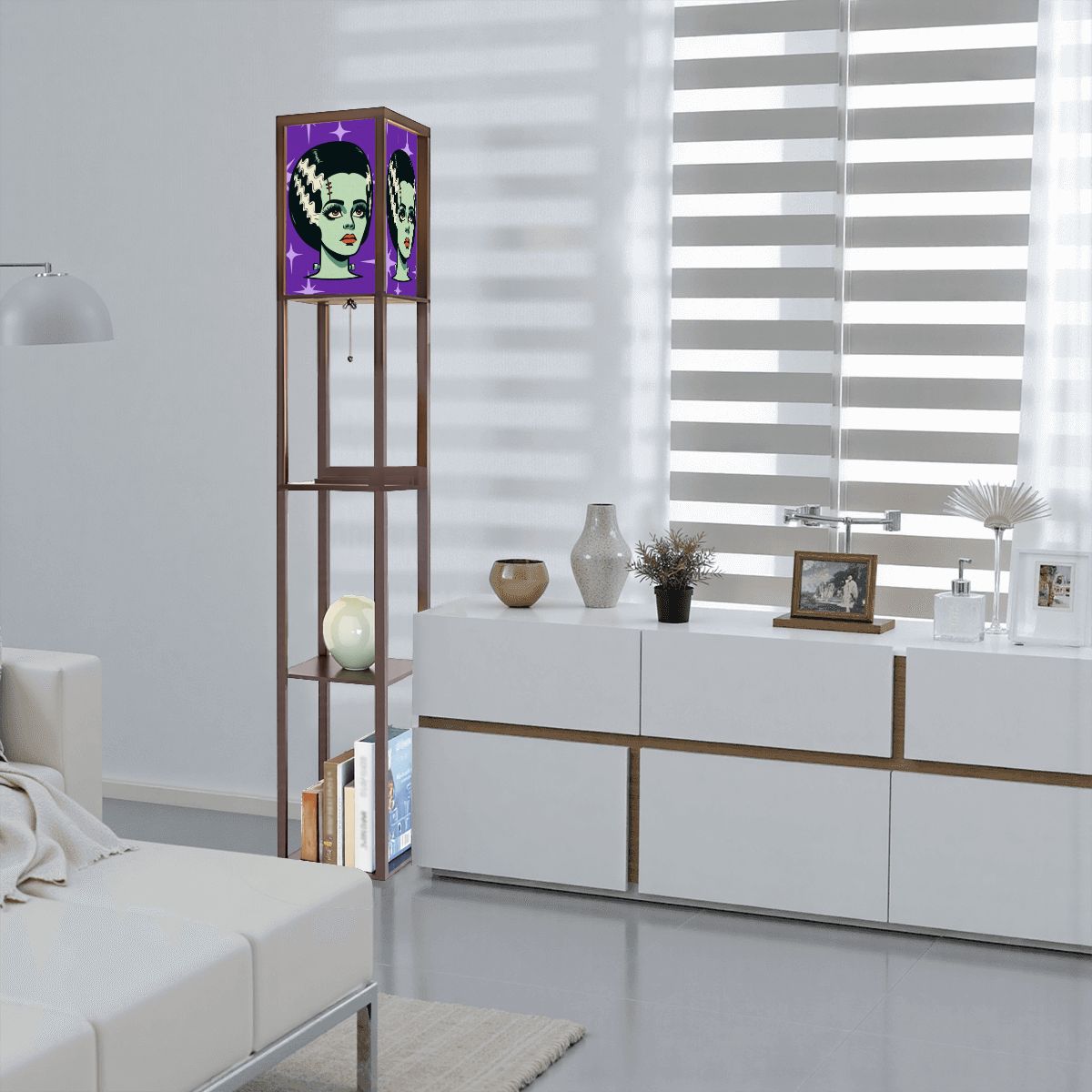 Bride of Frankenstein Retro Mid Mod Horror Buff Purple Halloween Floor Lamp with Shelves - Mid Century Modern Gal