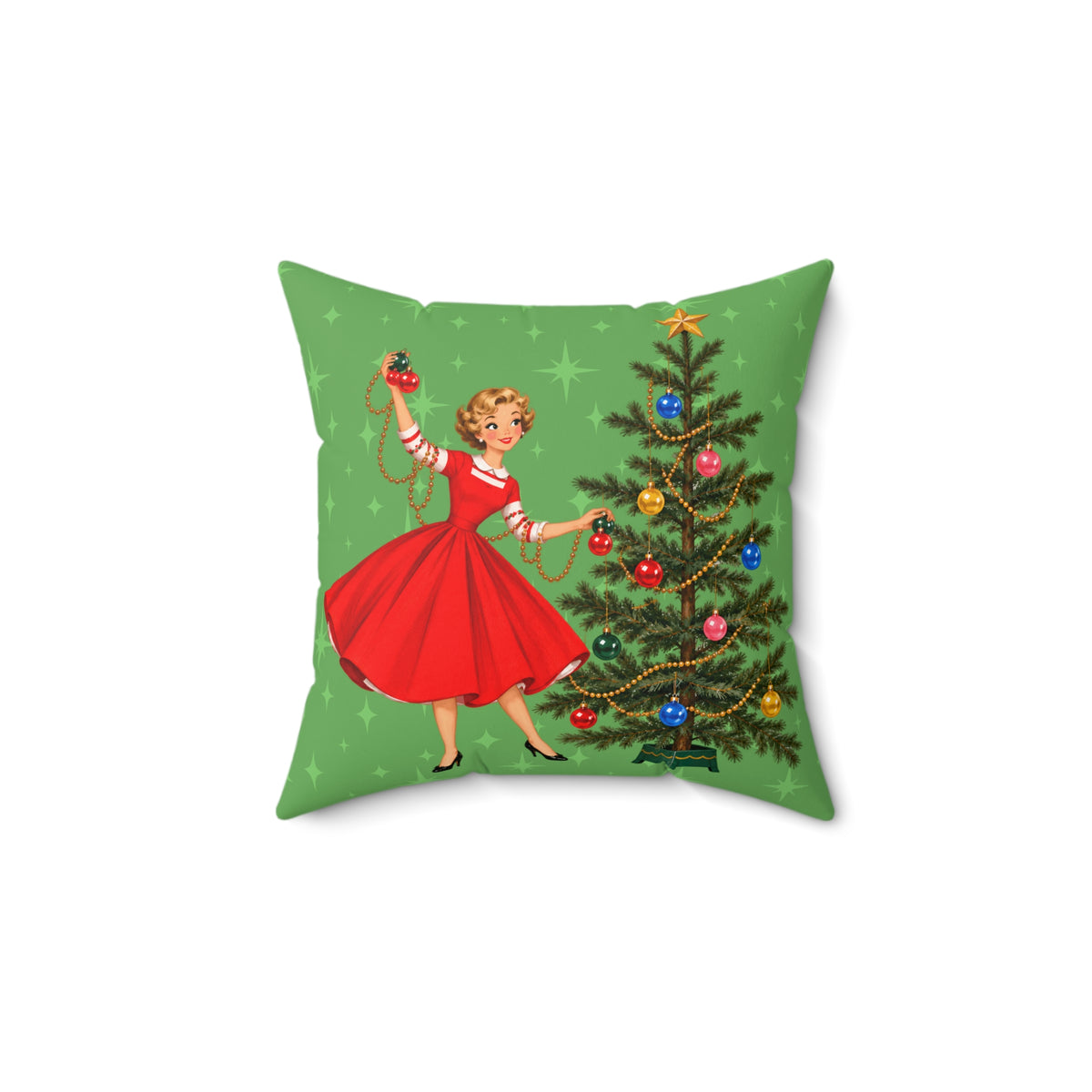 Mid Century Modern Gal Decorating Christmas Tree, Green Atomic Starbursts Pillow Cover and Insert