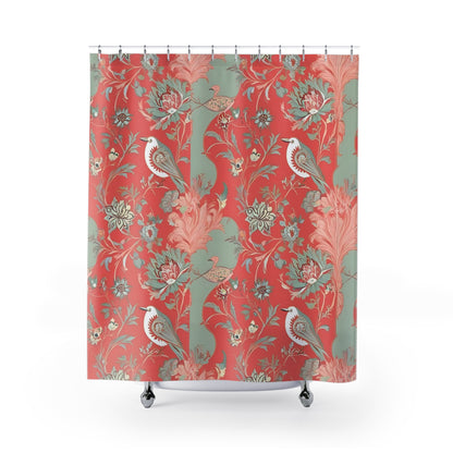 Chinoiserie Elegant Floral Birds Shower Curtain - Vibrant Vintage Design for Bathroom Decor - Mid Century Modern Gal